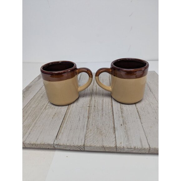 Vintage Mid Century Modern 2-Tone Drip Glaze Pottery Coffee Mugs Set of 2 - Picture 5 of 11
